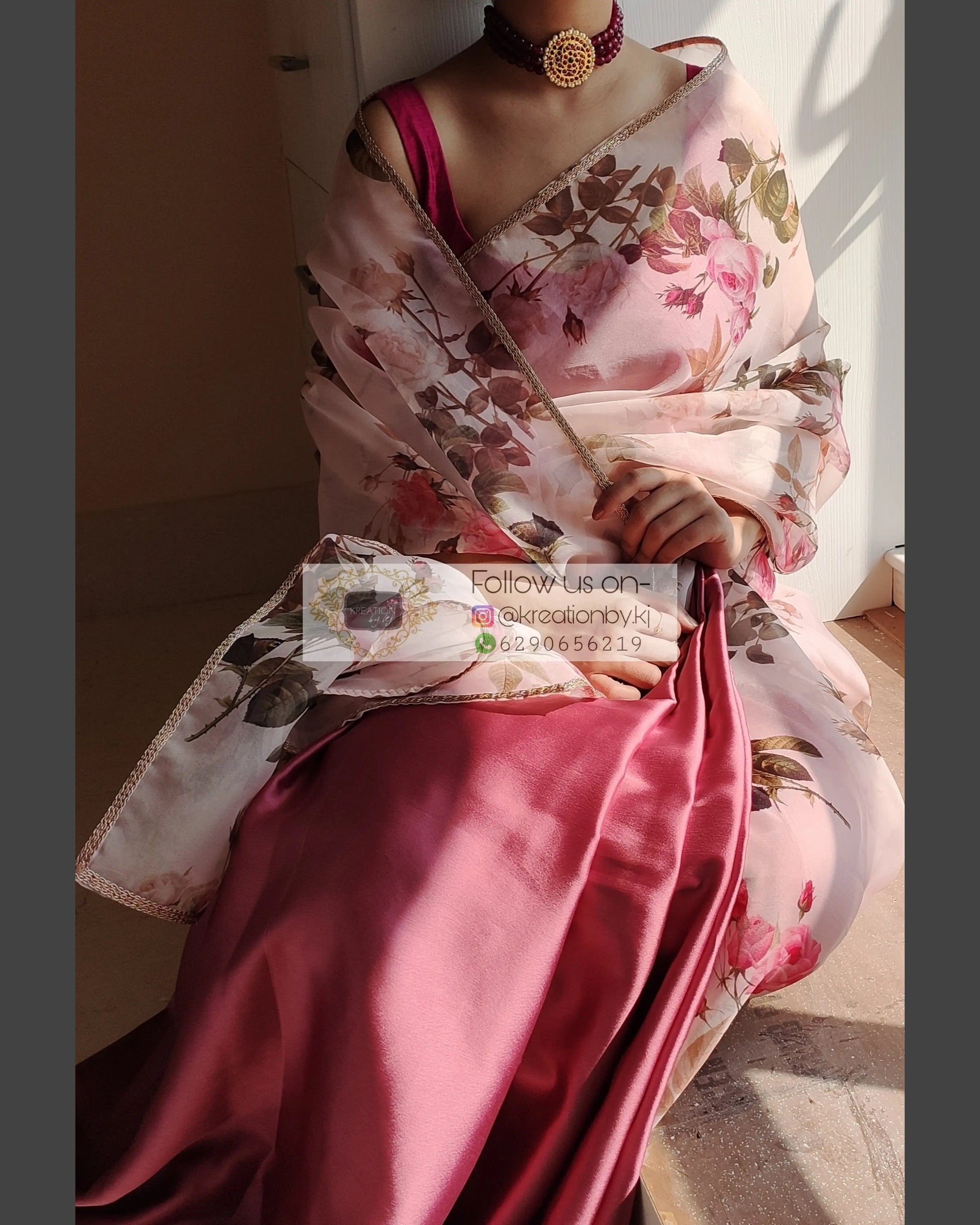 Pink Floral Organza And Satin Saree - kreationbykj