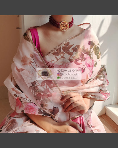 Pink Floral Organza And Satin Saree - kreationbykj