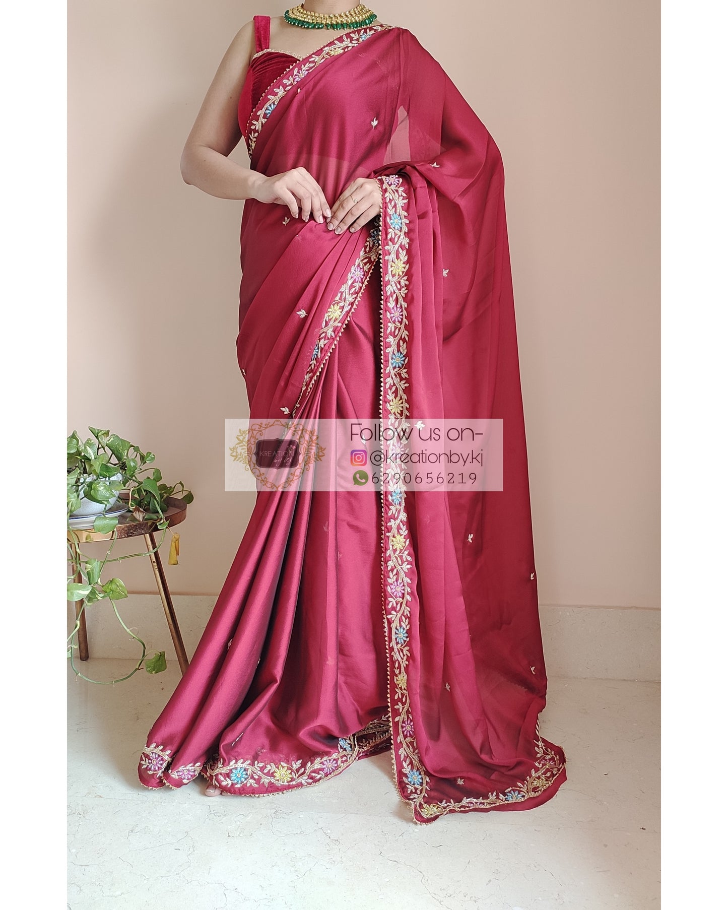 Maroon Georgette Zardozi Minakari Saree - kreationbykj