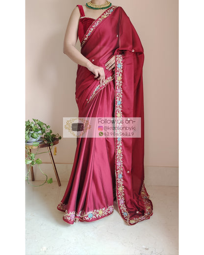 Maroon Georgette Zardozi Minakari Saree - kreationbykj