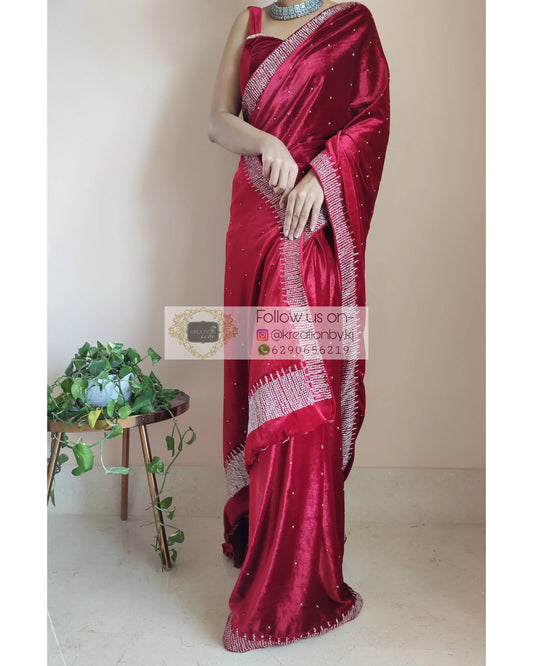Maroon Velvet Sitara Saree - kreationbykj