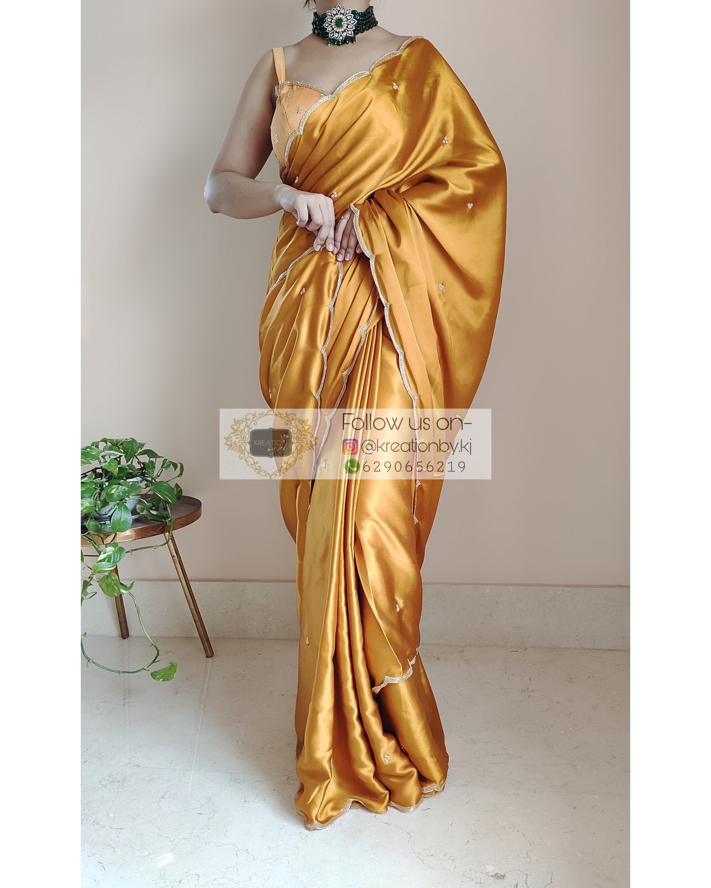 Golden Yellow Satin Silk Saree With Handembroidered Scalloping - kreationbykj