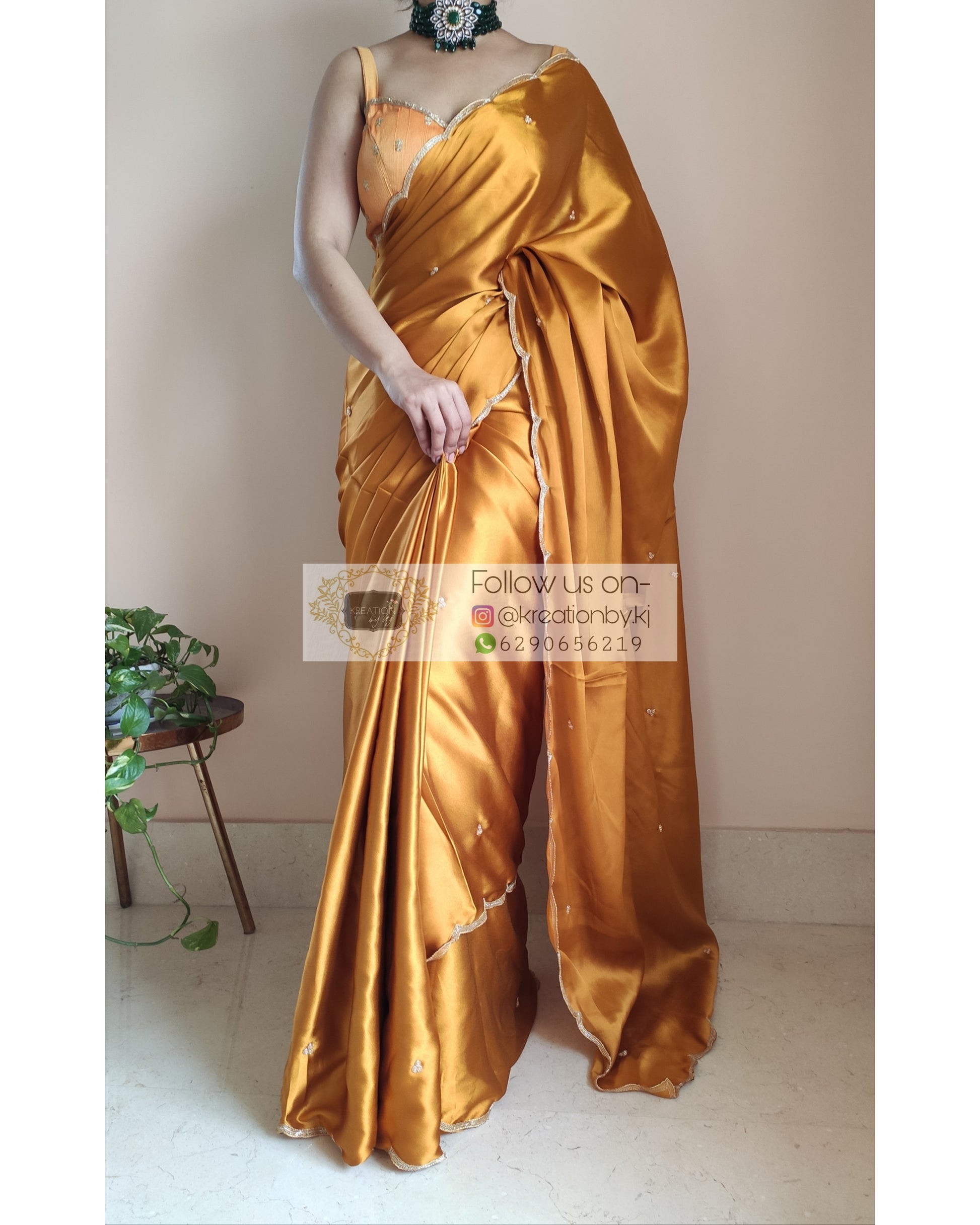 Golden Yellow Satin Silk Saree With Handembroidered Scalloping - kreationbykj