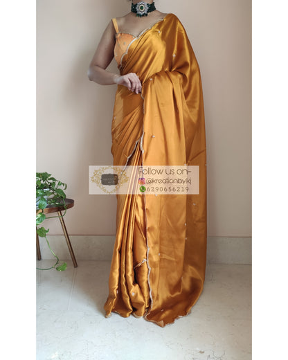 Golden Yellow Satin Silk Saree With Handembroidered Scalloping - kreationbykj