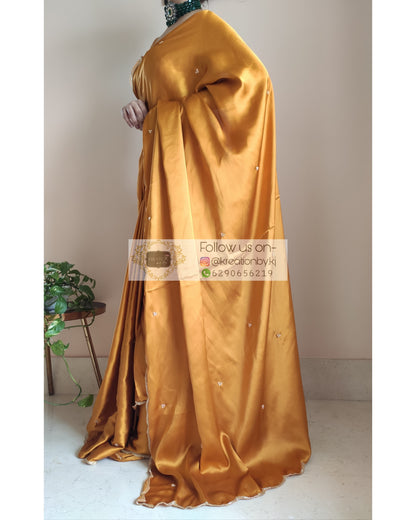 Golden Yellow Satin Silk Saree With Handembroidered Scalloping - kreationbykj