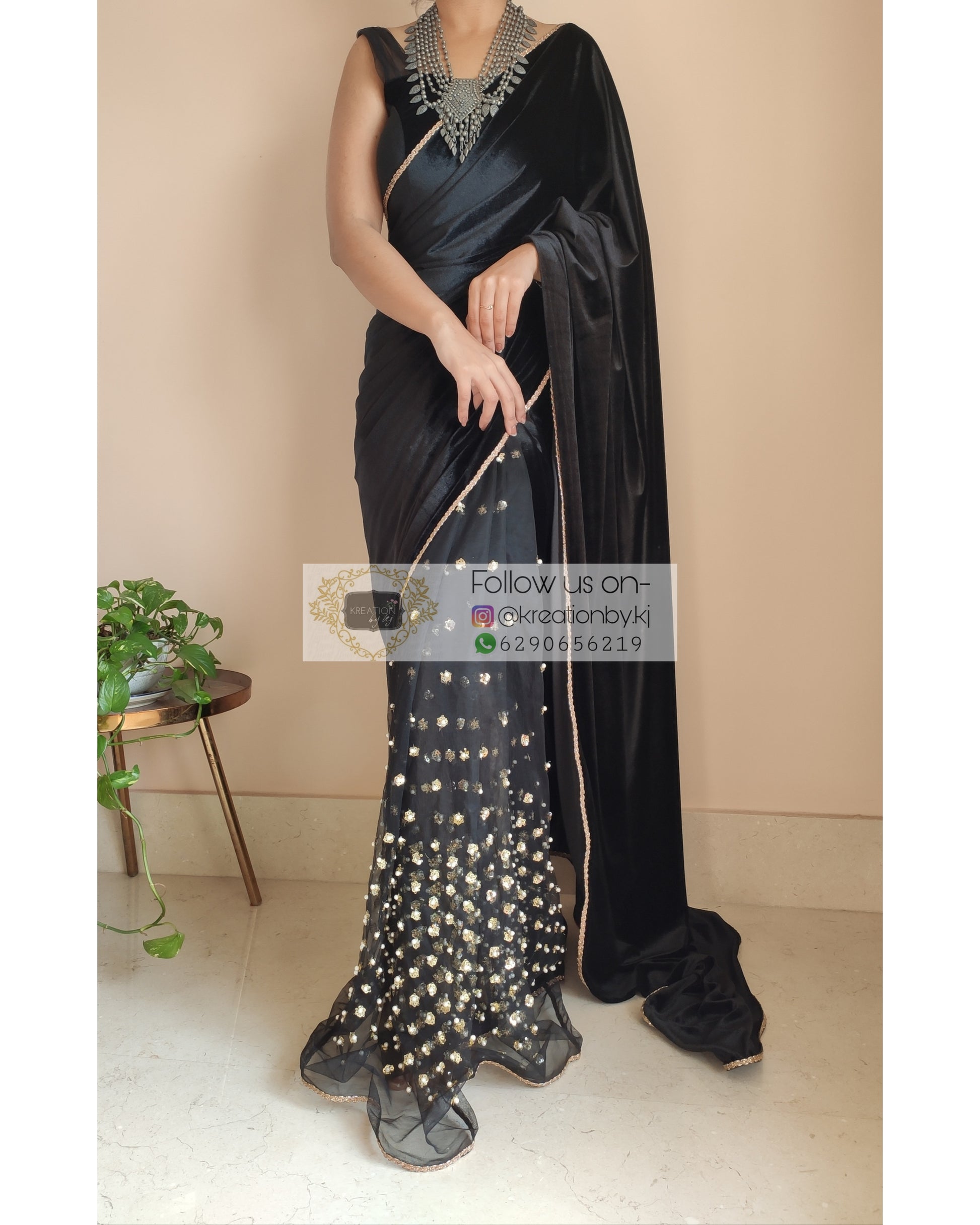 Black Velvet And Net Embellished Saree - kreationbykj