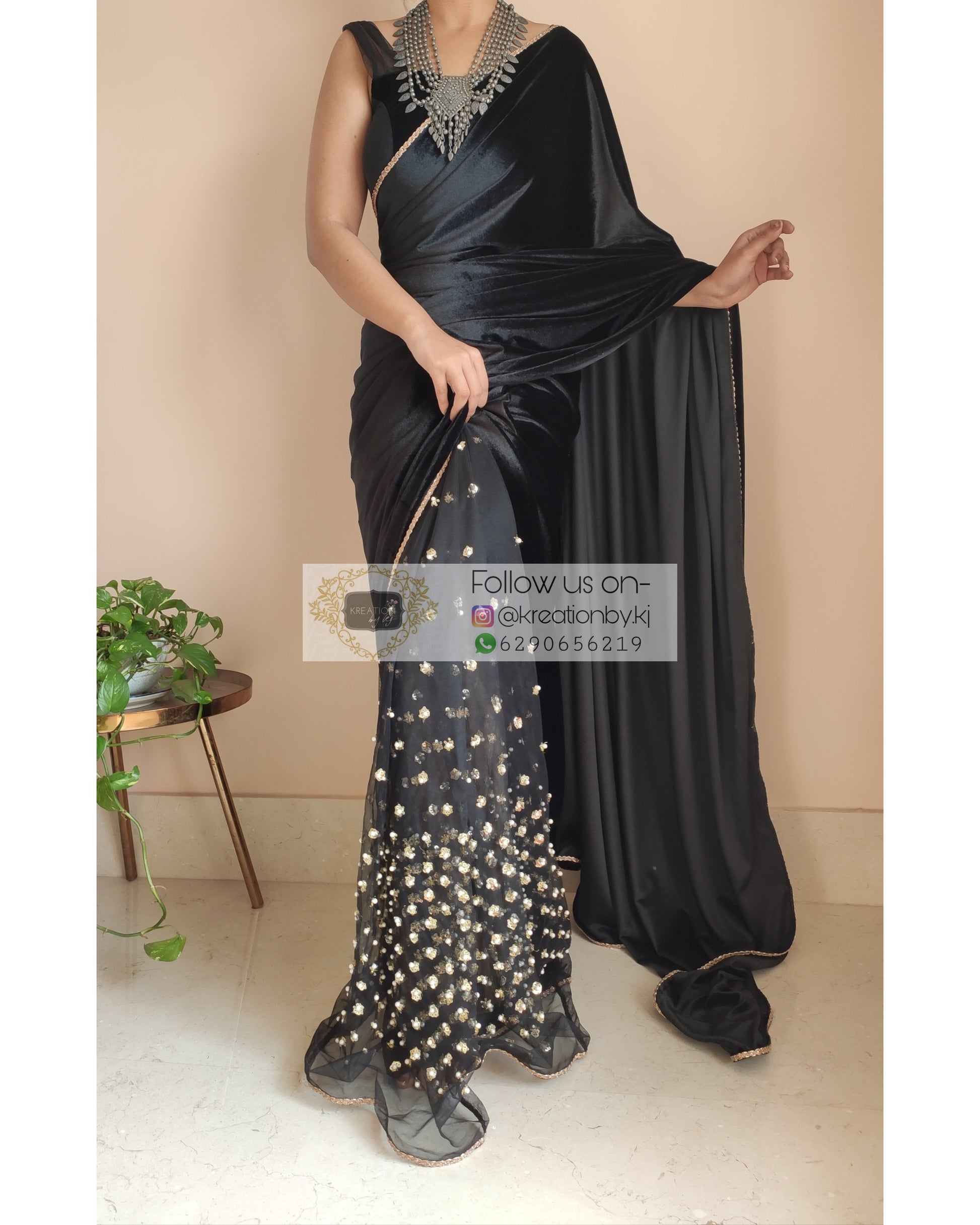 Black Velvet And Net Embellished Saree - kreationbykj