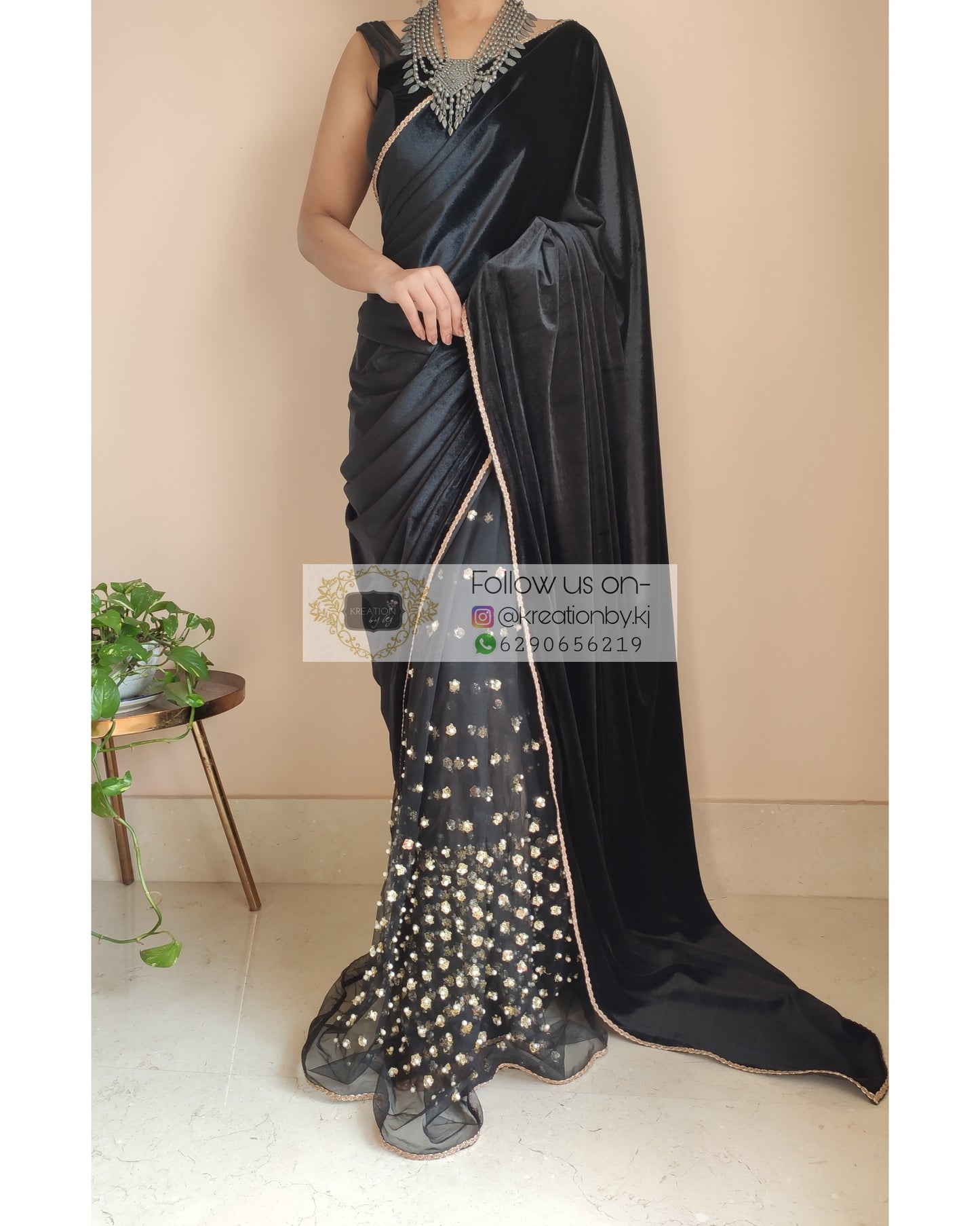 Black Velvet And Net Embellished Saree - kreationbykj