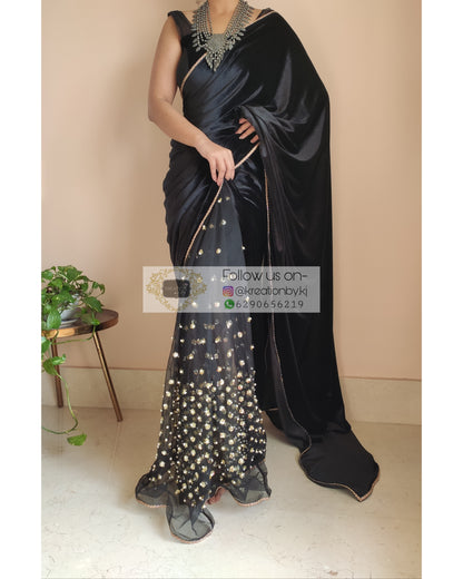 Black Velvet And Net Embellished Saree - kreationbykj