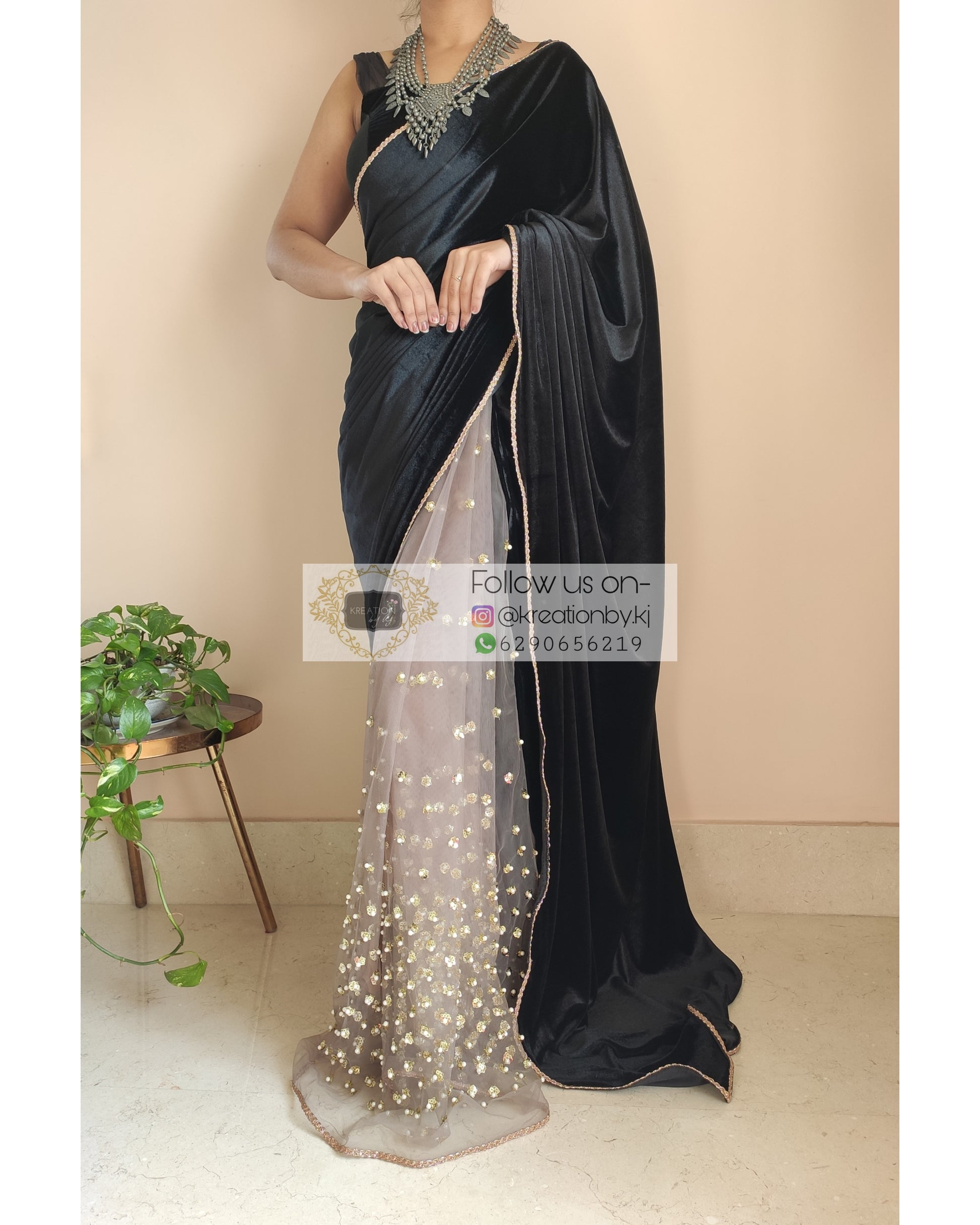 Black Velvet And Chocolate Net Embellished Saree - kreationbykj