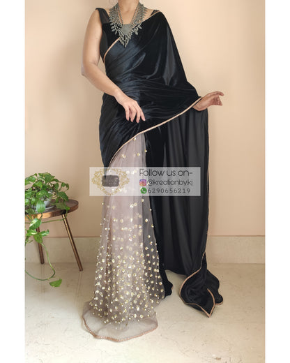 Black Velvet And Chocolate Net Embellished Saree - kreationbykj