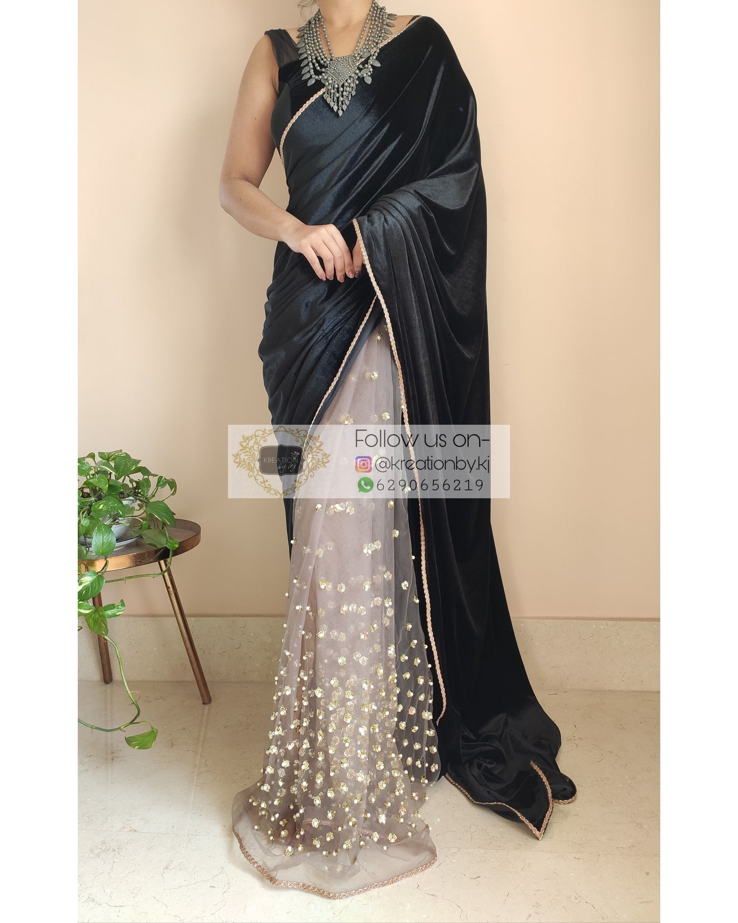 Black Velvet And Chocolate Net Embellished Saree - kreationbykj