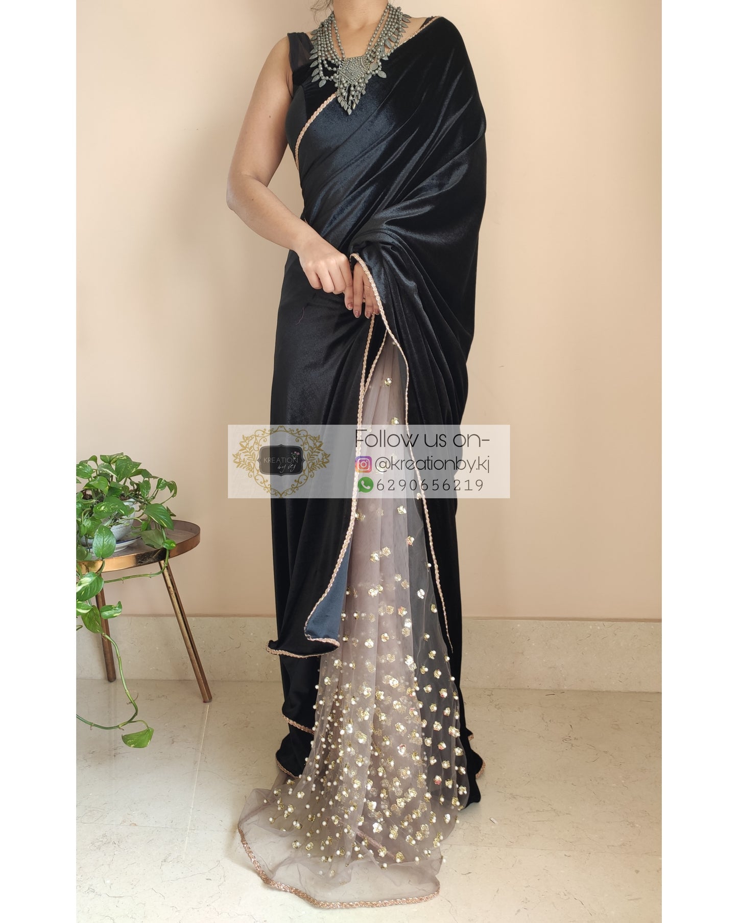 Black Velvet And Chocolate Net Embellished Saree - kreationbykj