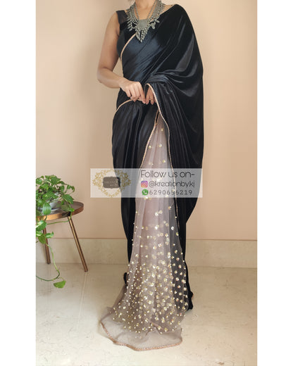 Black Velvet And Chocolate Net Embellished Saree - kreationbykj