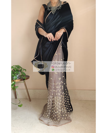 Black Velvet And Chocolate Net Embellished Saree - kreationbykj