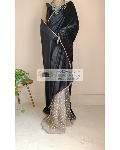 Black Velvet And Chocolate Net Embellished Saree - kreationbykj