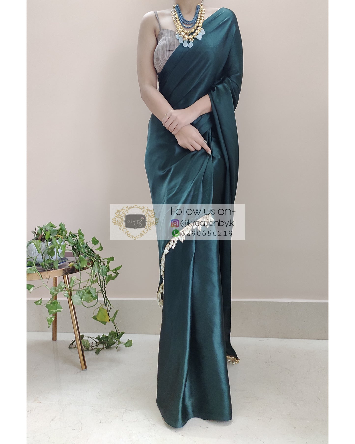 Dark Blackish Green Satin Silk Saree With Handmade Tassels On Pallu - kreationbykj