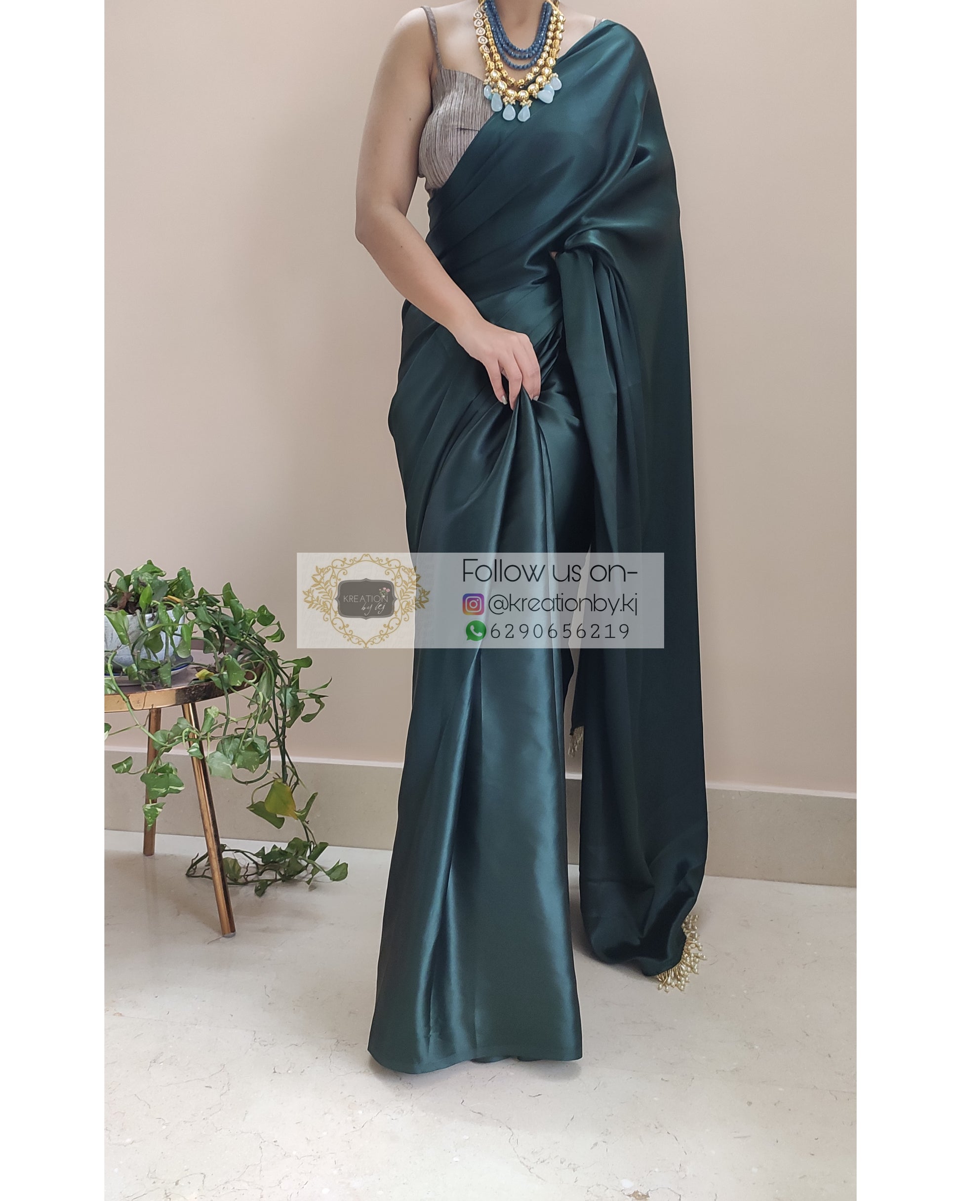 Dark Blackish Green Satin Silk Saree With Handmade Tassels On Pallu - kreationbykj