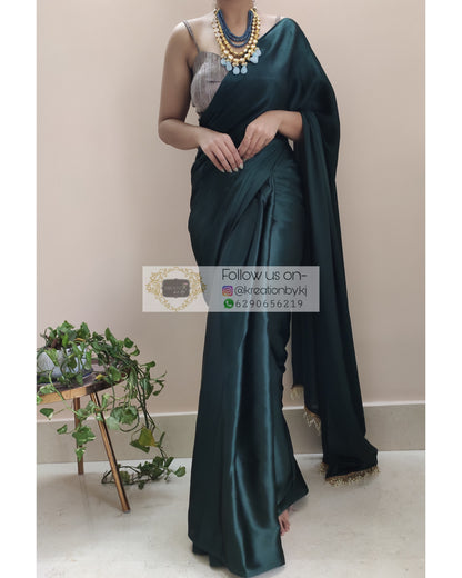 Dark Blackish Green Satin Silk Saree With Handmade Tassels On Pallu - kreationbykj