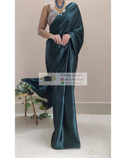 Dark Blackish Green Satin Silk Saree With Handmade Tassels On Pallu - kreationbykj