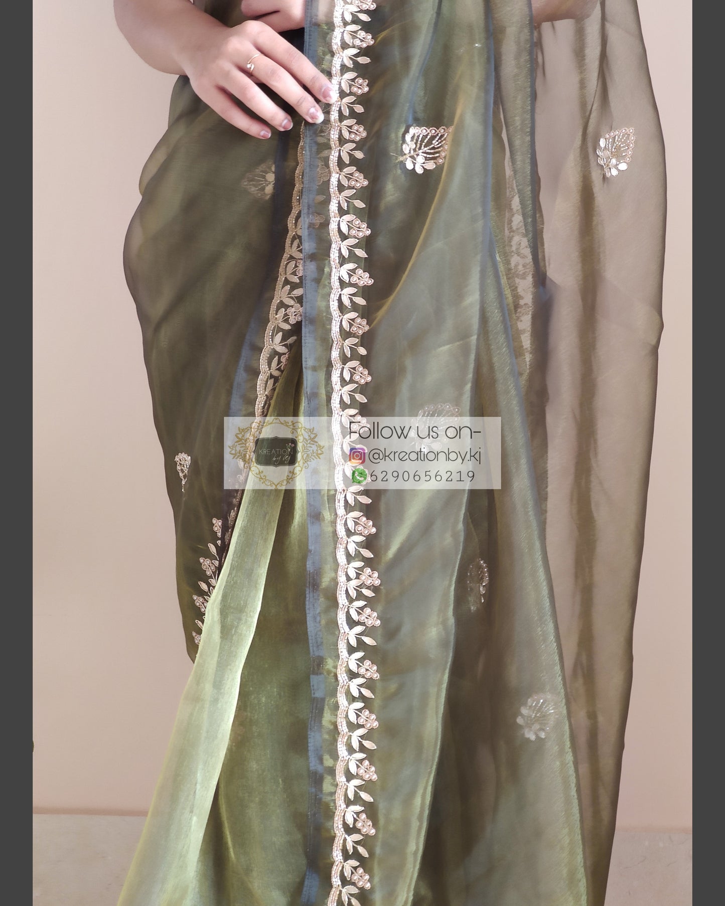 MIlitary Green Glass Tissue Saree With Gota Patti Border - kreationbykj