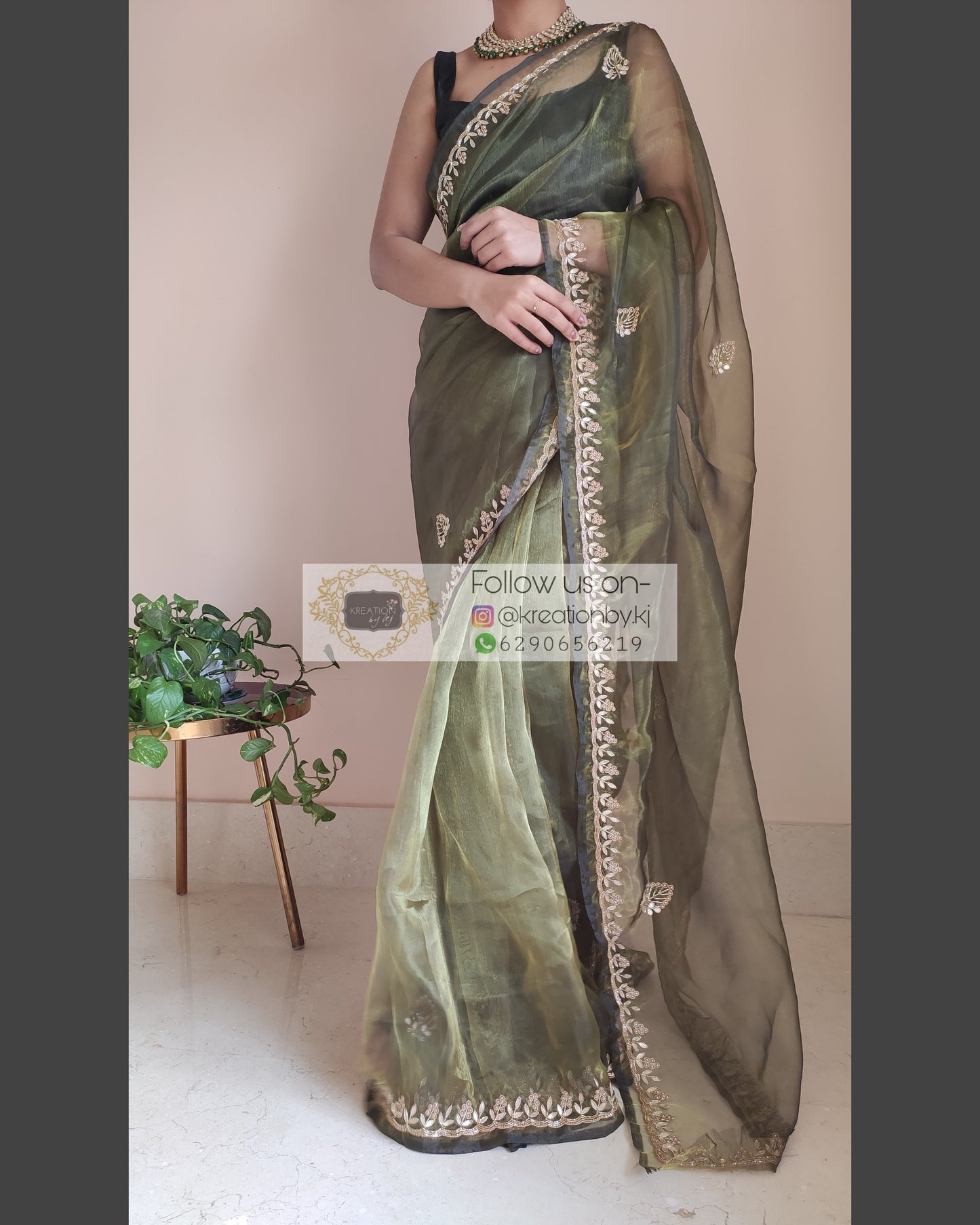 MIlitary Green Glass Tissue Saree With Gota Patti Border - kreationbykj