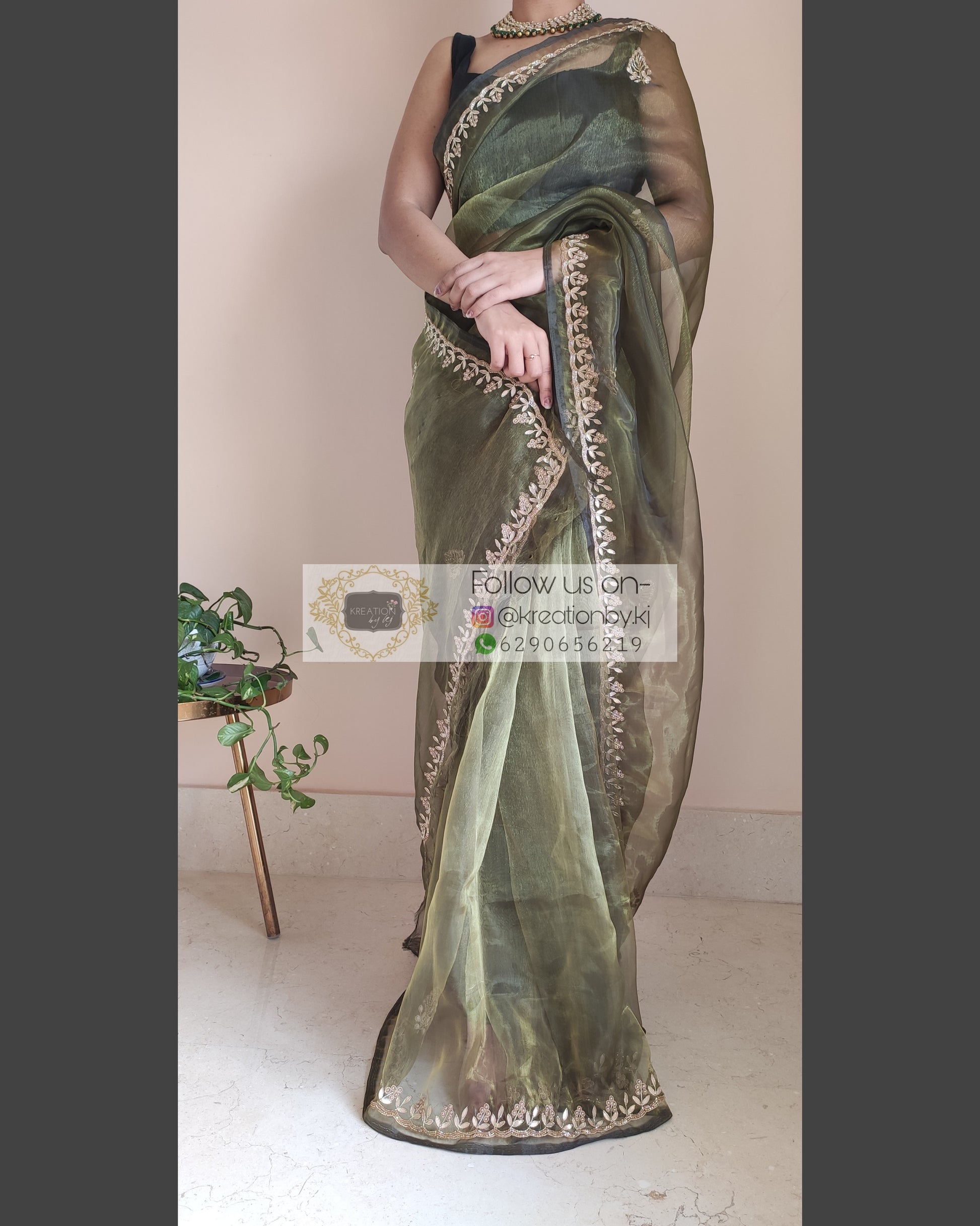 MIlitary Green Glass Tissue Saree With Gota Patti Border - kreationbykj