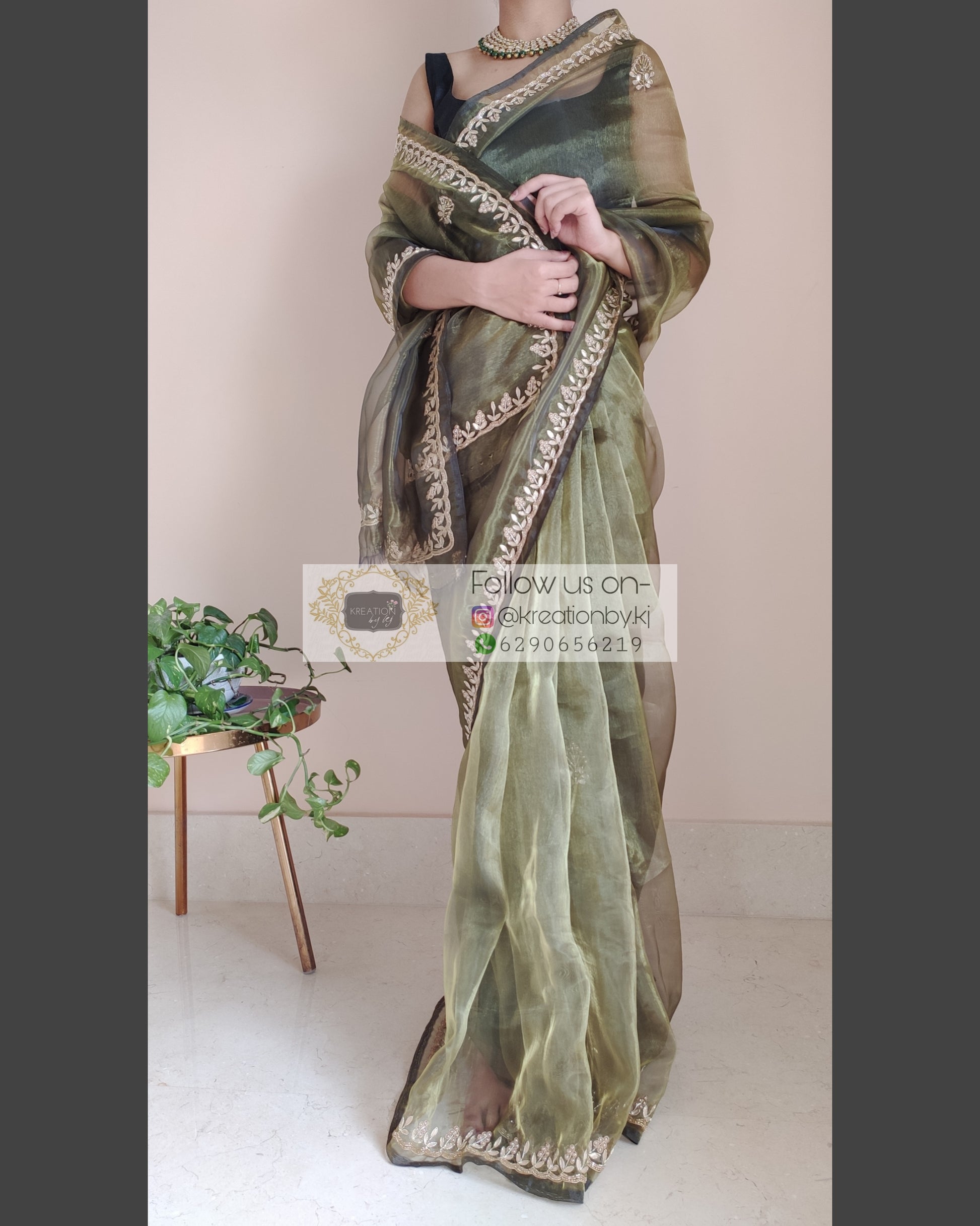 MIlitary Green Glass Tissue Saree With Gota Patti Border - kreationbykj