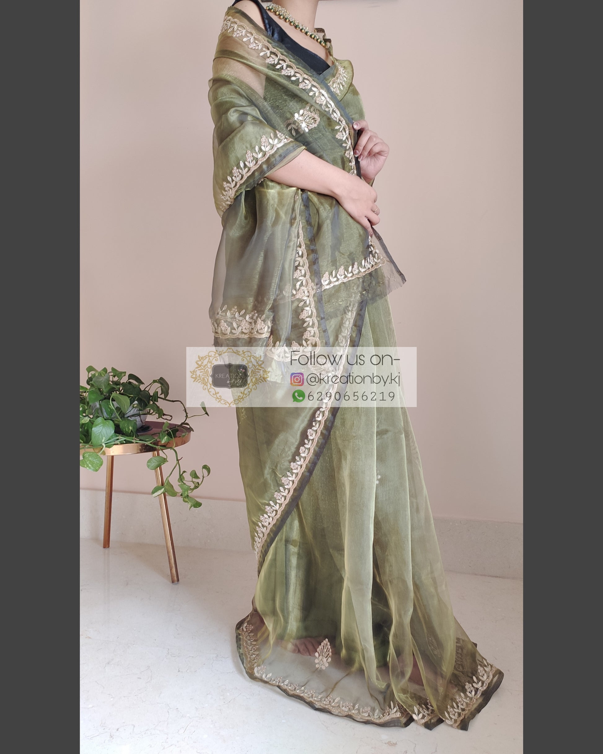 MIlitary Green Glass Tissue Saree With Gota Patti Border - kreationbykj