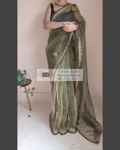 MIlitary Green Glass Tissue Saree With Gota Patti Border - kreationbykj