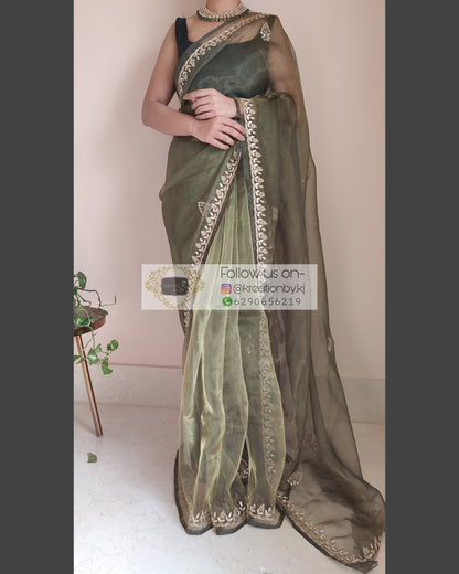 MIlitary Green Glass Tissue Saree With Gota Patti Border - kreationbykj