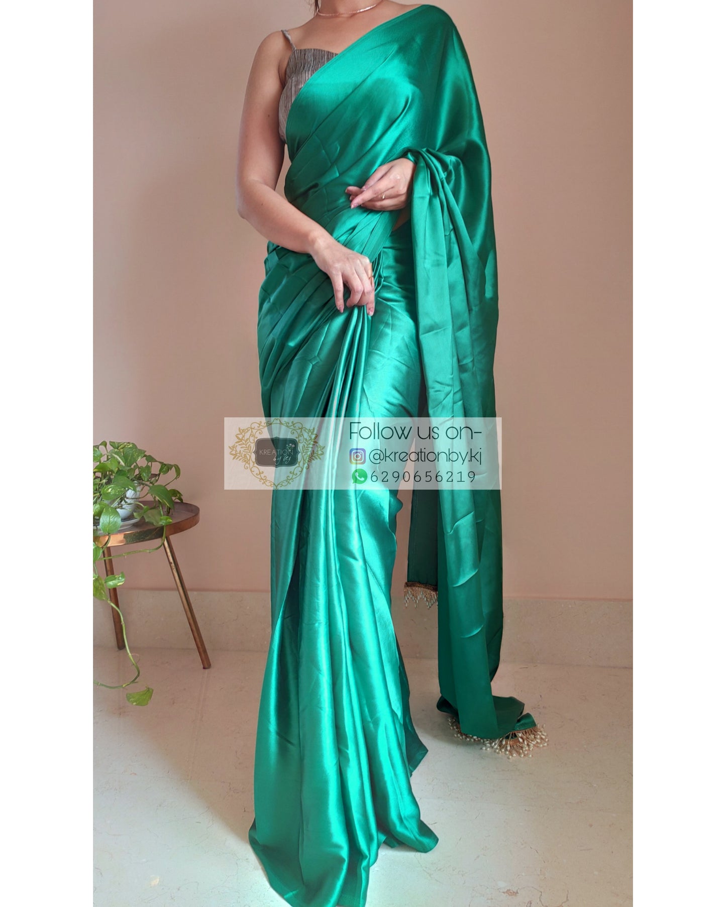 Jade Green Satin Silk Saree With Handmade Tassels On Pallu - kreationbykj