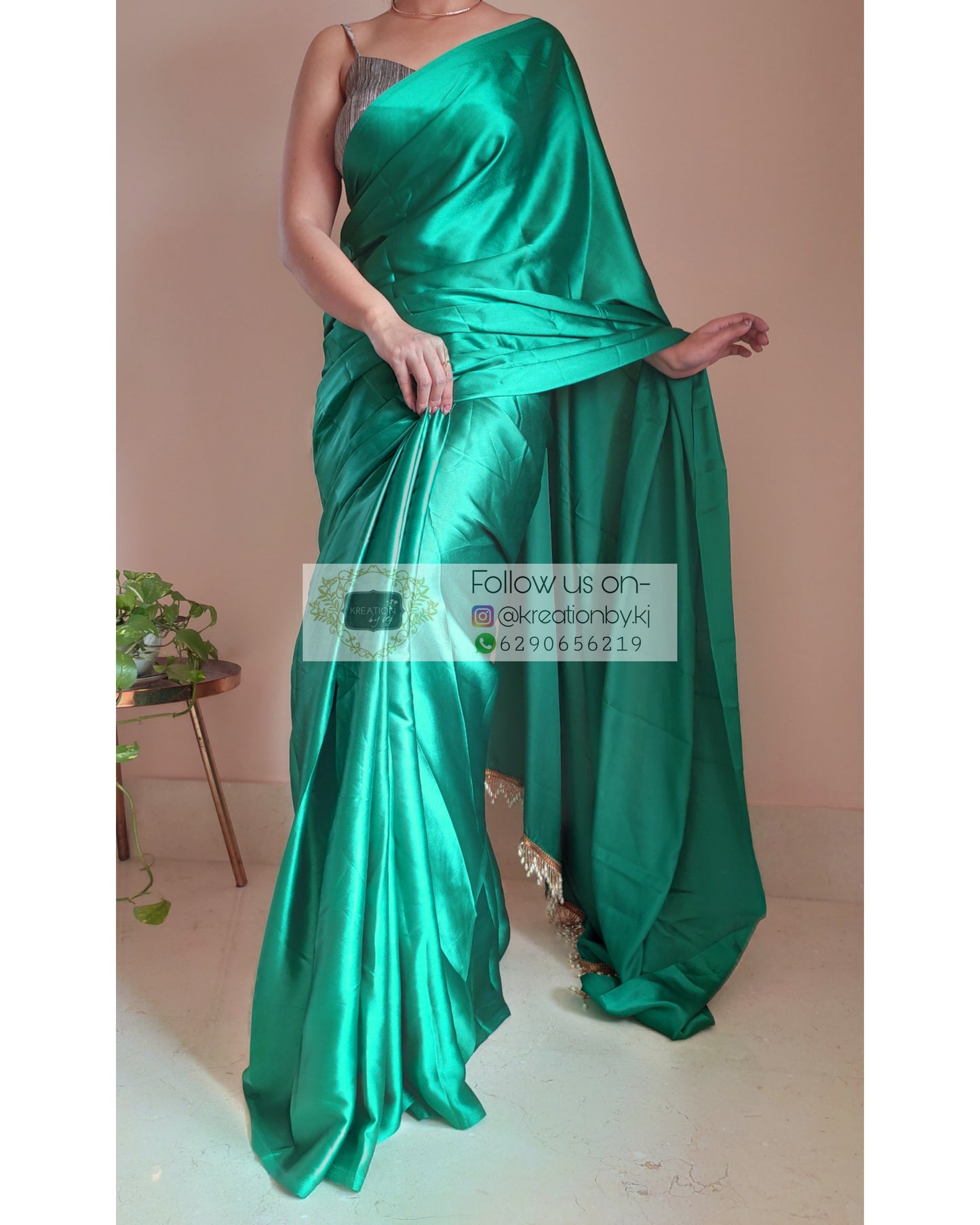 Jade Green Satin Silk Saree With Handmade Tassels On Pallu - kreationbykj