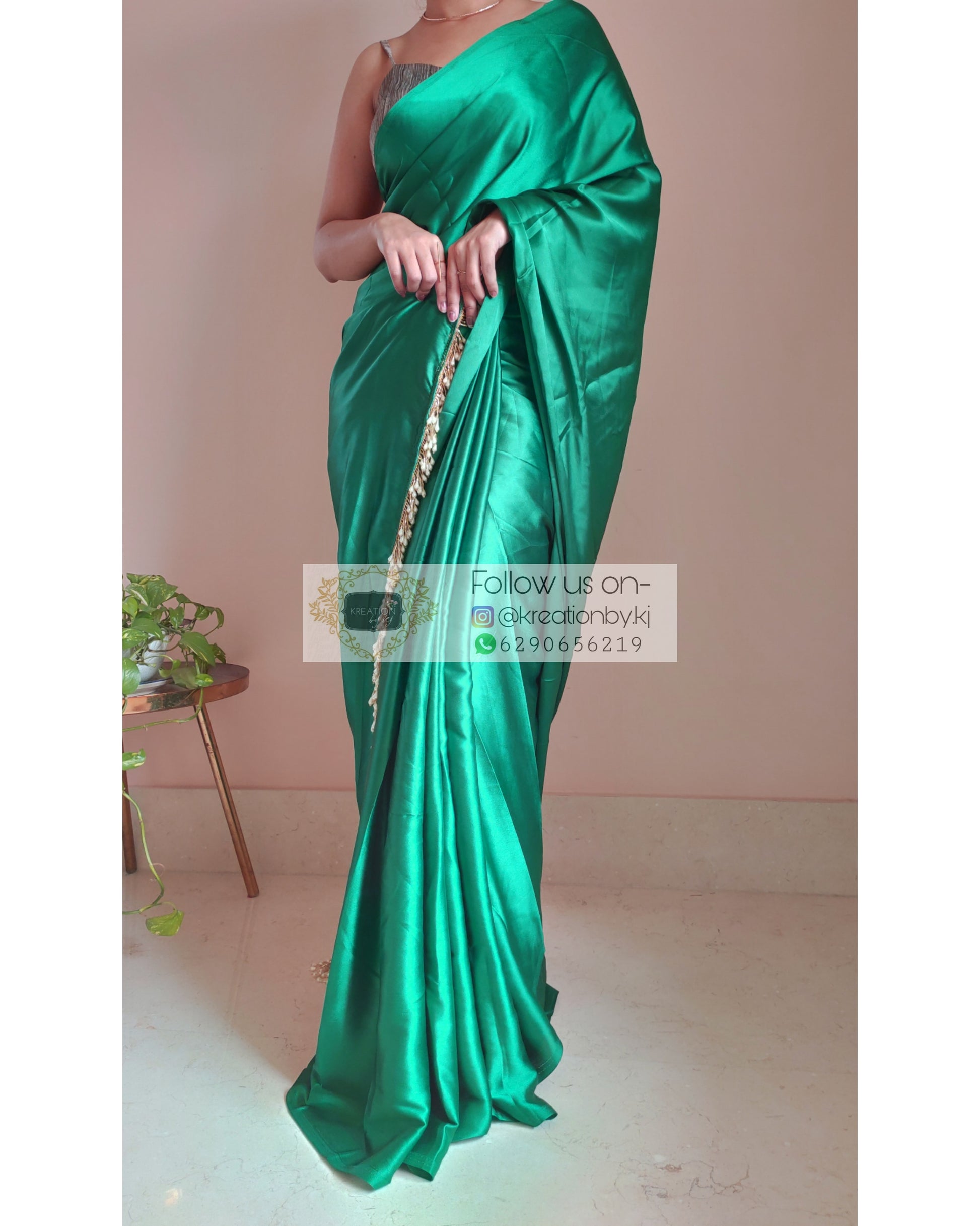 Jade Green Satin Silk Saree With Handmade Tassels On Pallu - kreationbykj