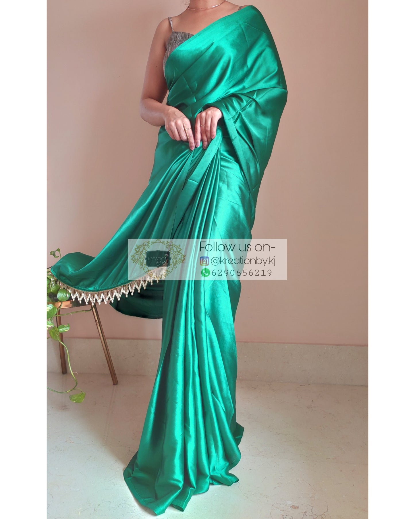 Jade Green Satin Silk Saree With Handmade Tassels On Pallu - kreationbykj