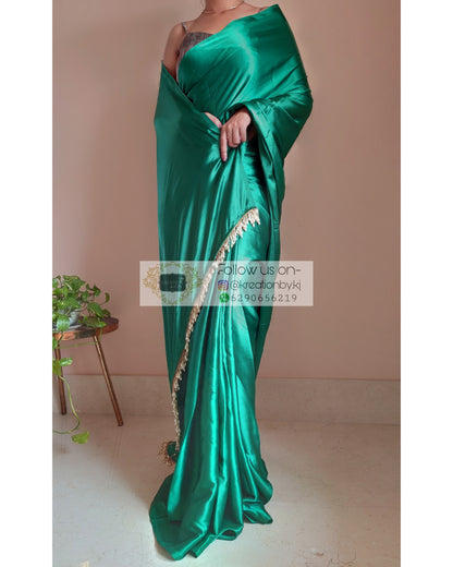 Jade Green Satin Silk Saree With Handmade Tassels On Pallu - kreationbykj