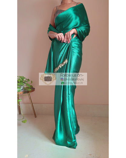 Jade Green Satin Silk Saree With Handmade Tassels On Pallu - kreationbykj