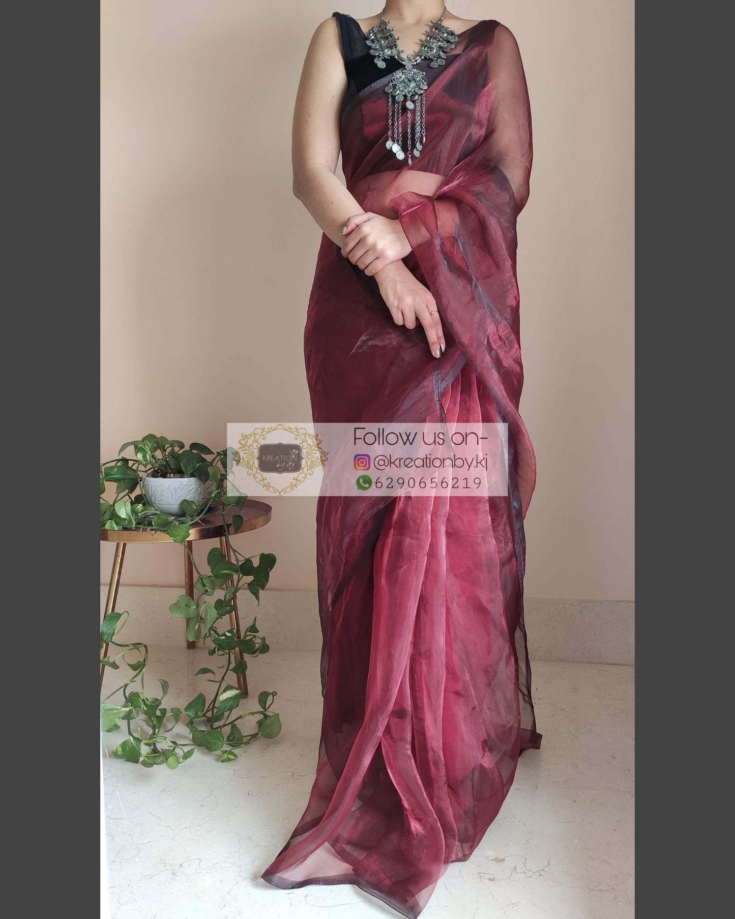 Maroon Glass Tissue Saree - kreationbykj