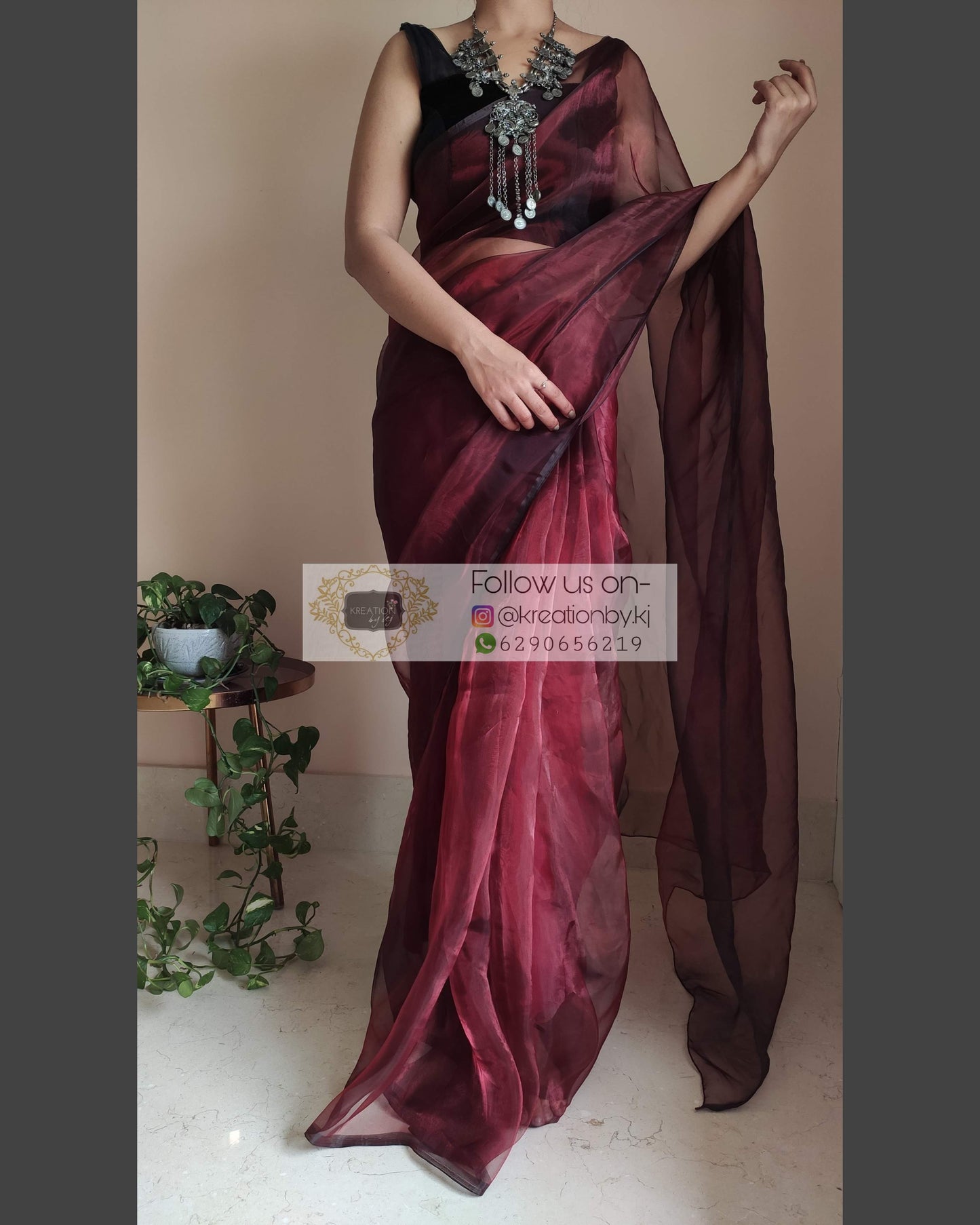 Maroon Glass Tissue Saree - kreationbykj