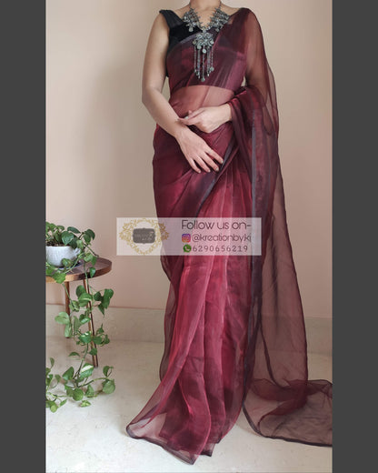 Maroon Glass Tissue Saree - kreationbykj