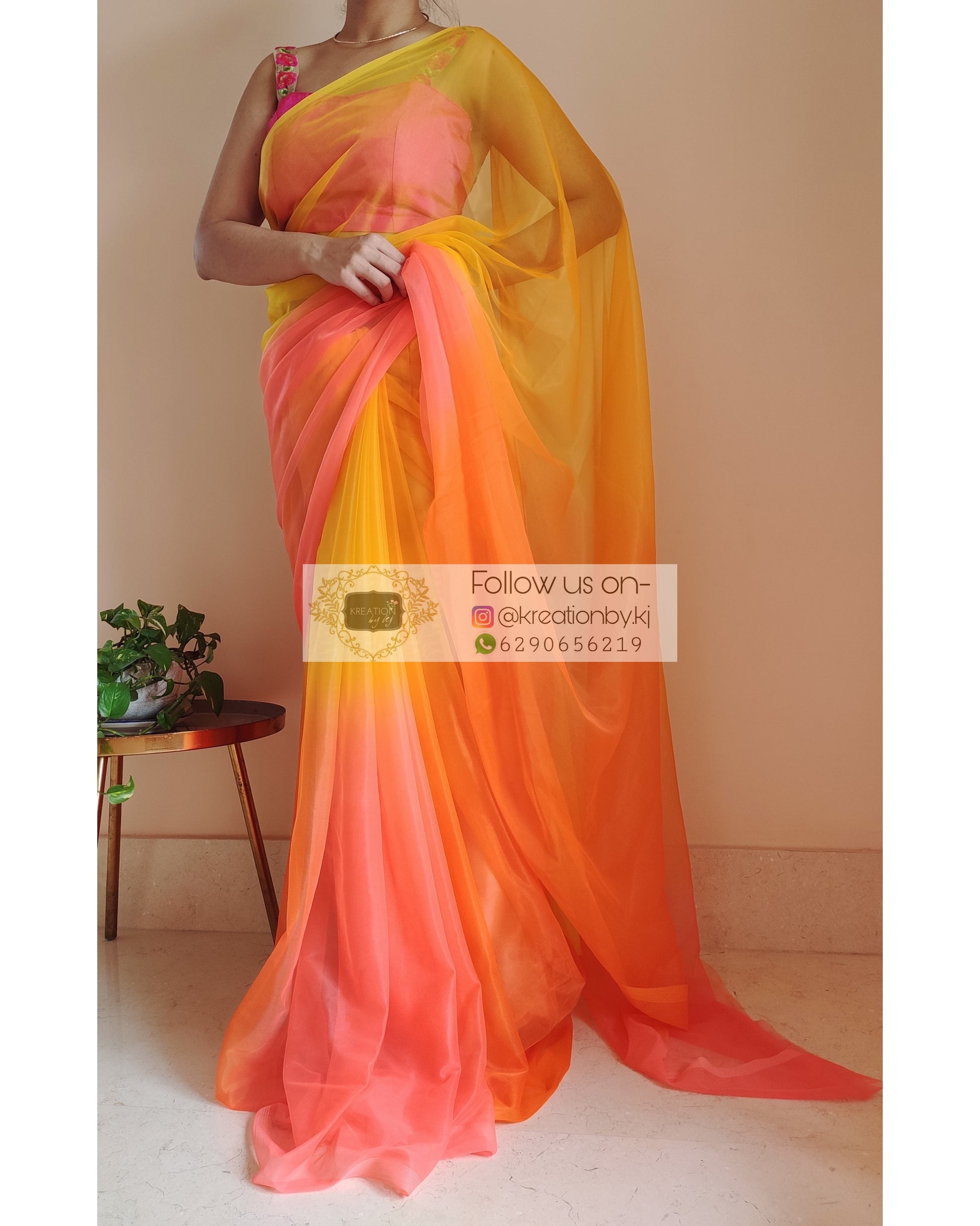 Shop Orange N Yellow Hand Embroidery Stone Work Wrinkle Georgette Saree  Festive Wear Online at Best Price | Cbazaar