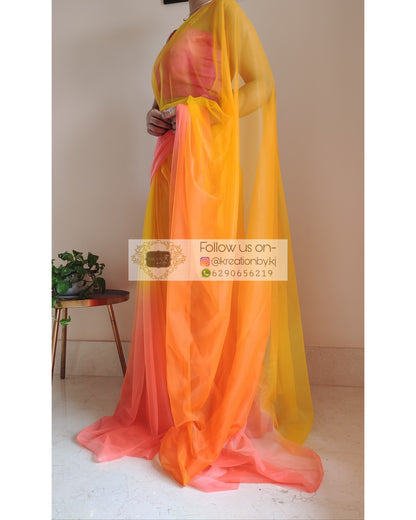 Yellow and Orange Ombré Dip Dyed Net Saree - kreationbykj