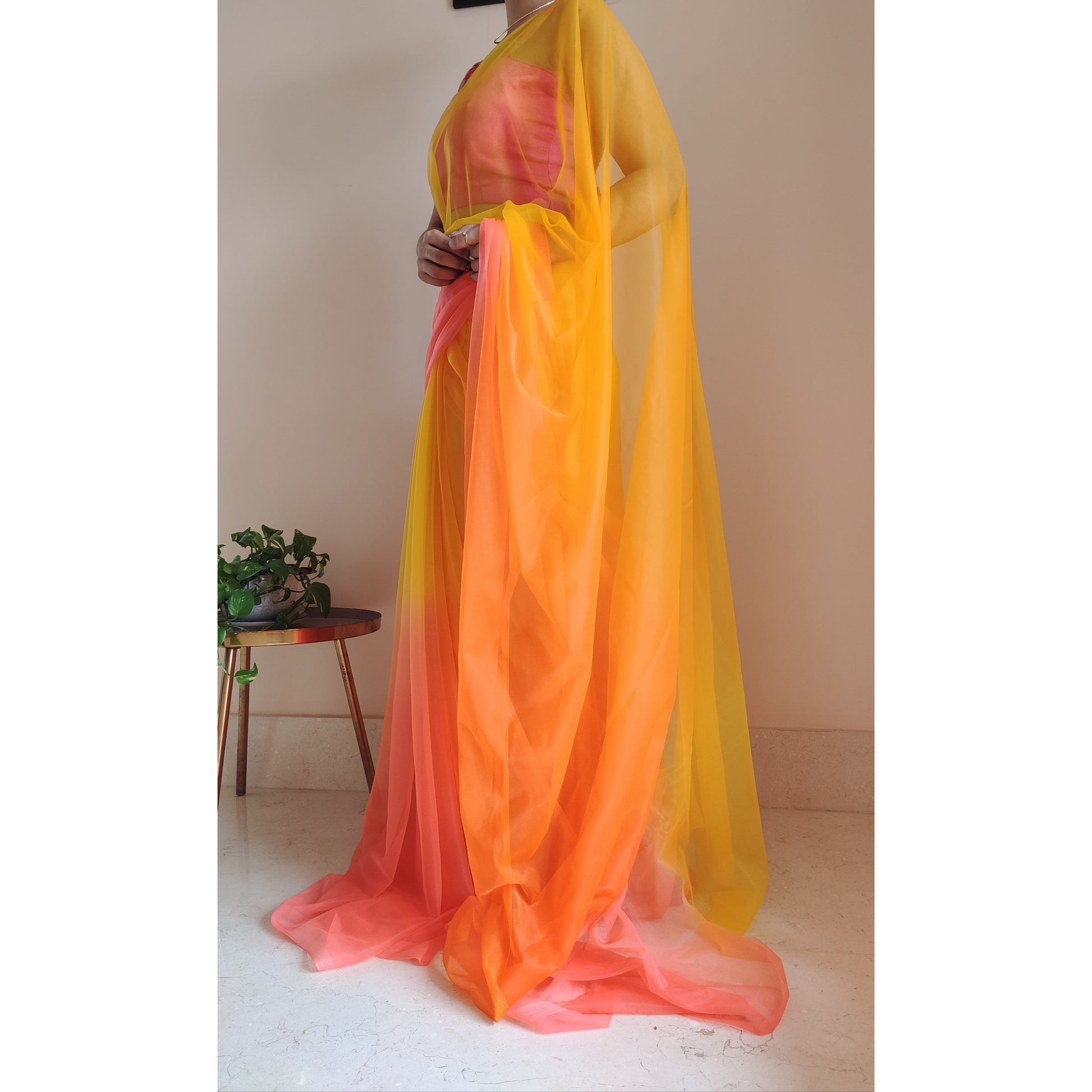 Yellow and Orange Ombré Dip Dyed Net Saree - kreationbykj