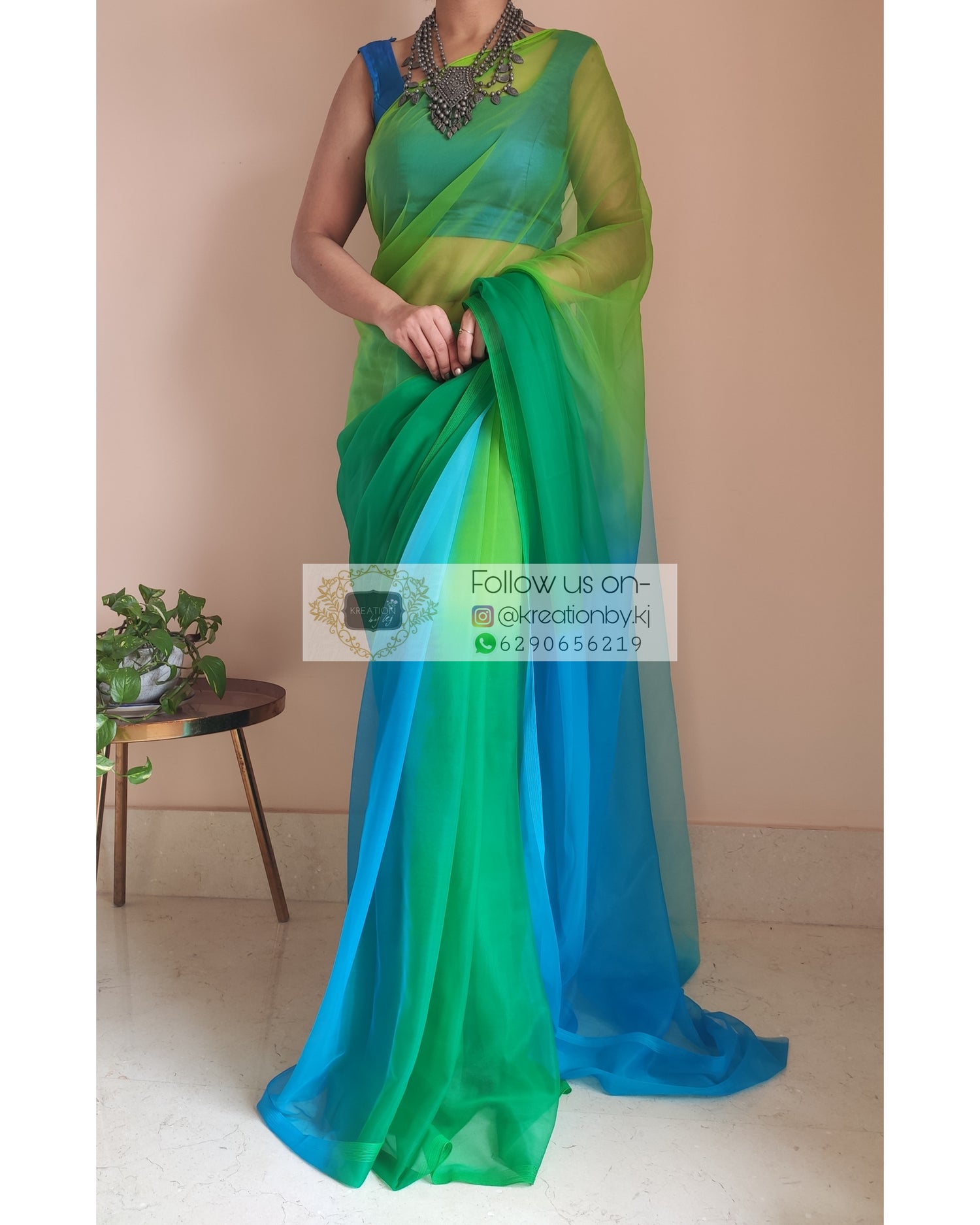 Blue And Green Ombré Dip Dyed Net Saree - kreationbykj