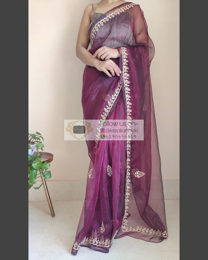 Purple Wine Glass Tissue Saree With Gota Patti Border - kreationbykj