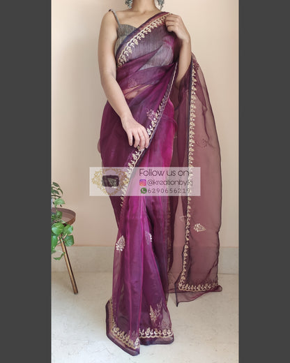 Purple Wine Glass Tissue Saree With Gota Patti Border - kreationbykj