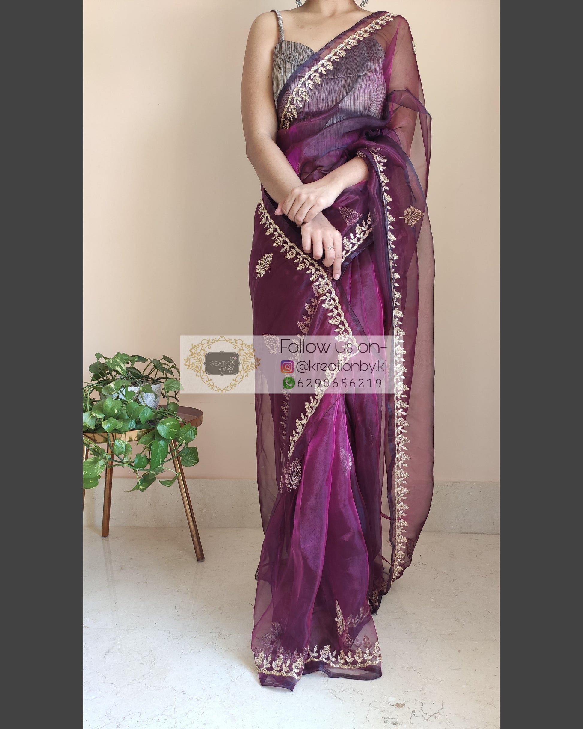 Purple Wine Glass Tissue Saree With Gota Patti Border - kreationbykj