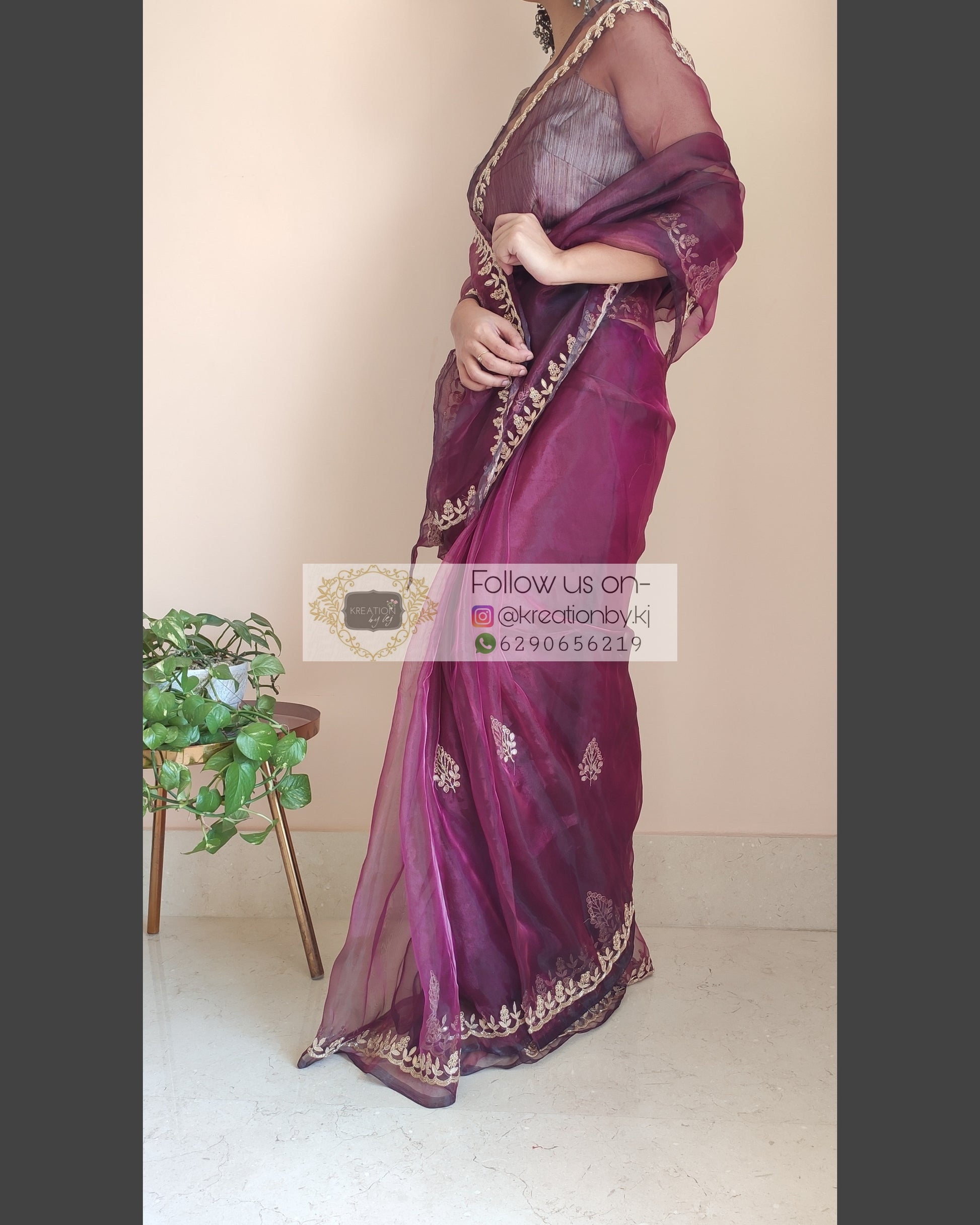 Purple Wine Glass Tissue Saree With Gota Patti Border - kreationbykj