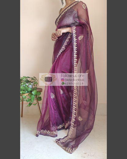 Purple Wine Glass Tissue Saree With Gota Patti Border - kreationbykj