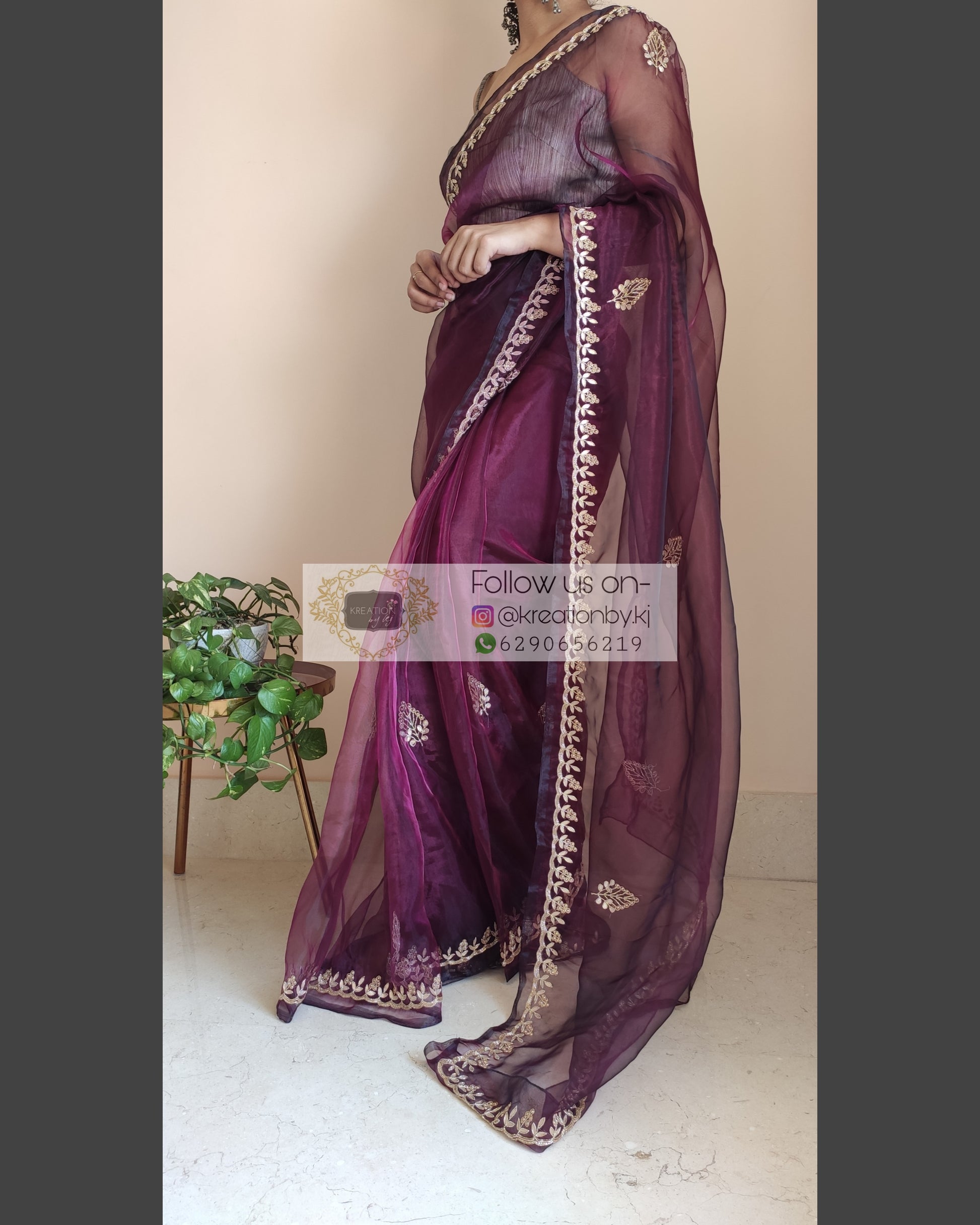 Purple Wine Glass Tissue Saree With Gota Patti Border - kreationbykj